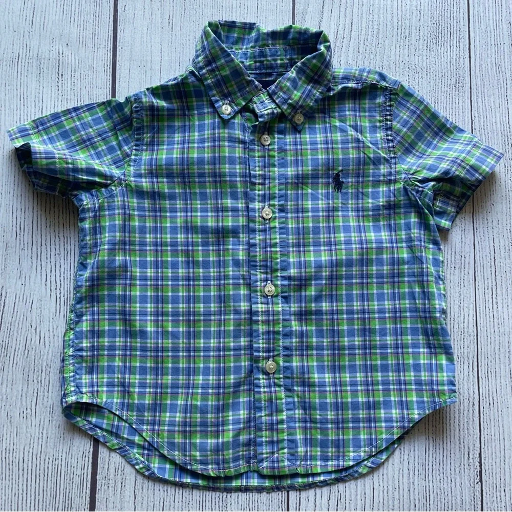 Ralph Lauren Blue & Green Plaid Short Sleeve Button Down Size 18 months